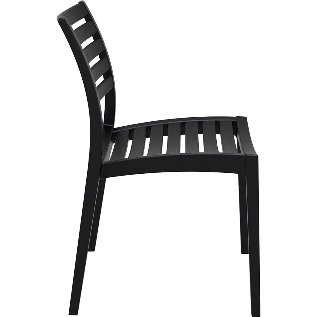 Black plastic chair with slatted back and seat from side