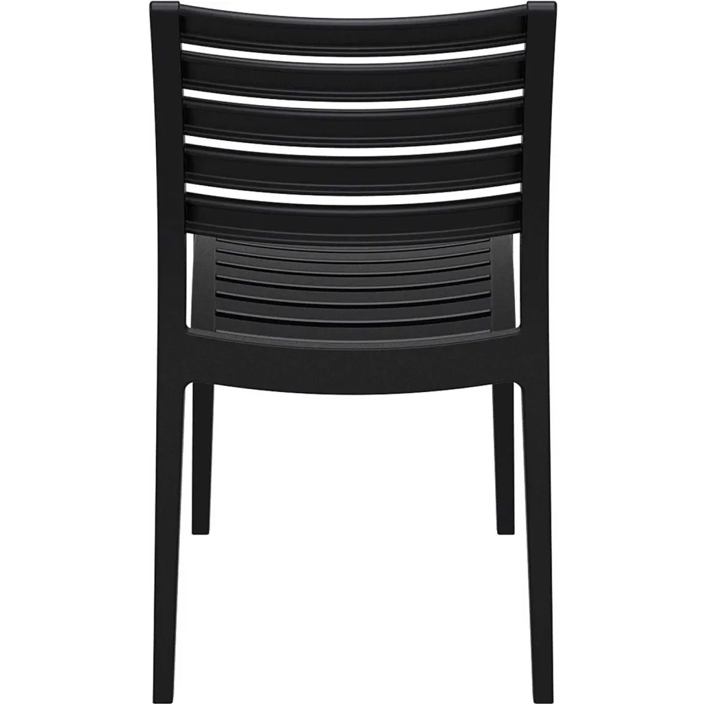 Black plastic chair with slatted back and seat from rear