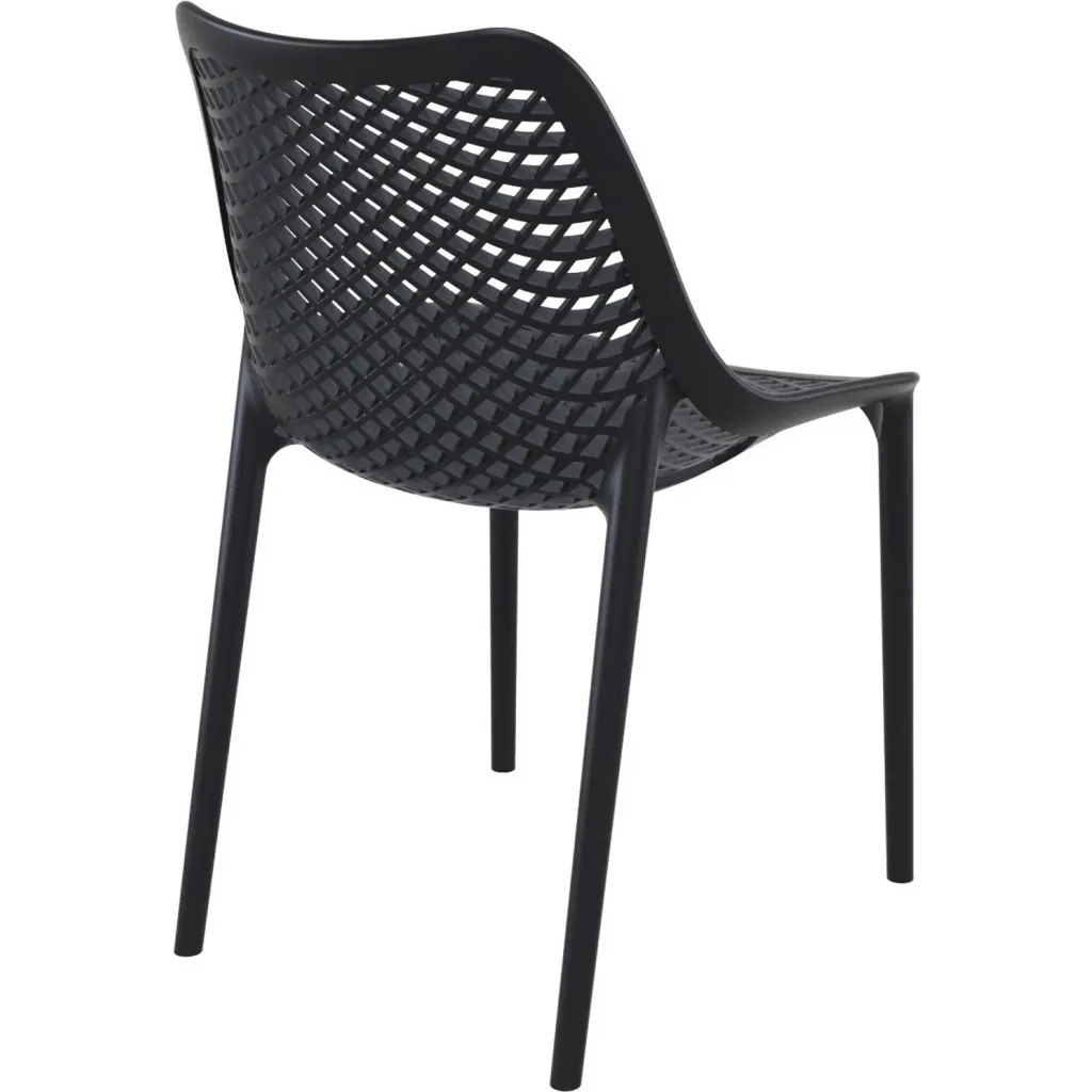 Black plastic chair with lattice back and seat from rear angle