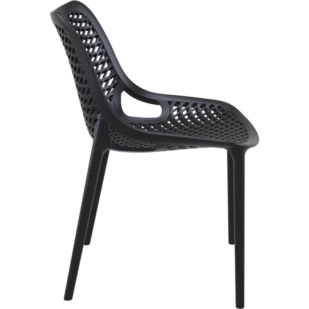 Black plastic chair with lattice back and seat from side angle