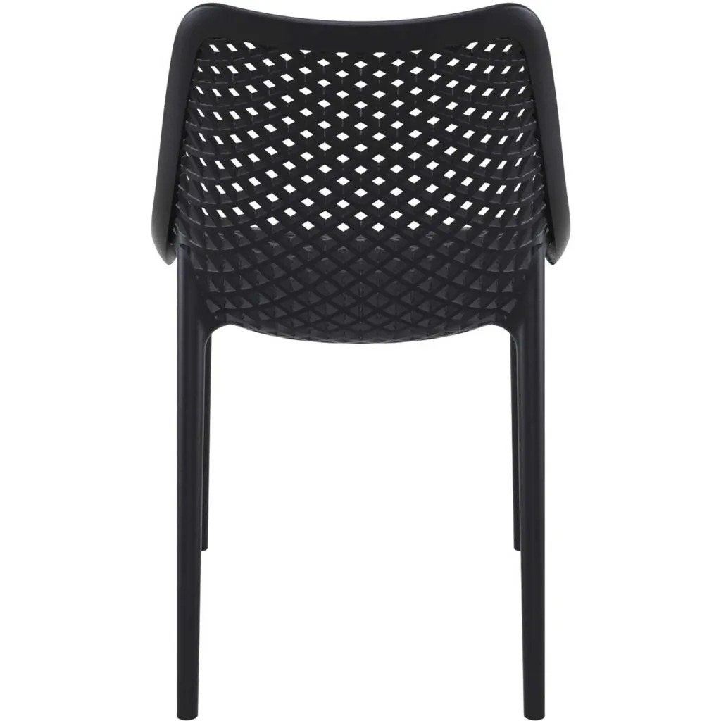 Black plastic chair with lattice back and seat from direct rear