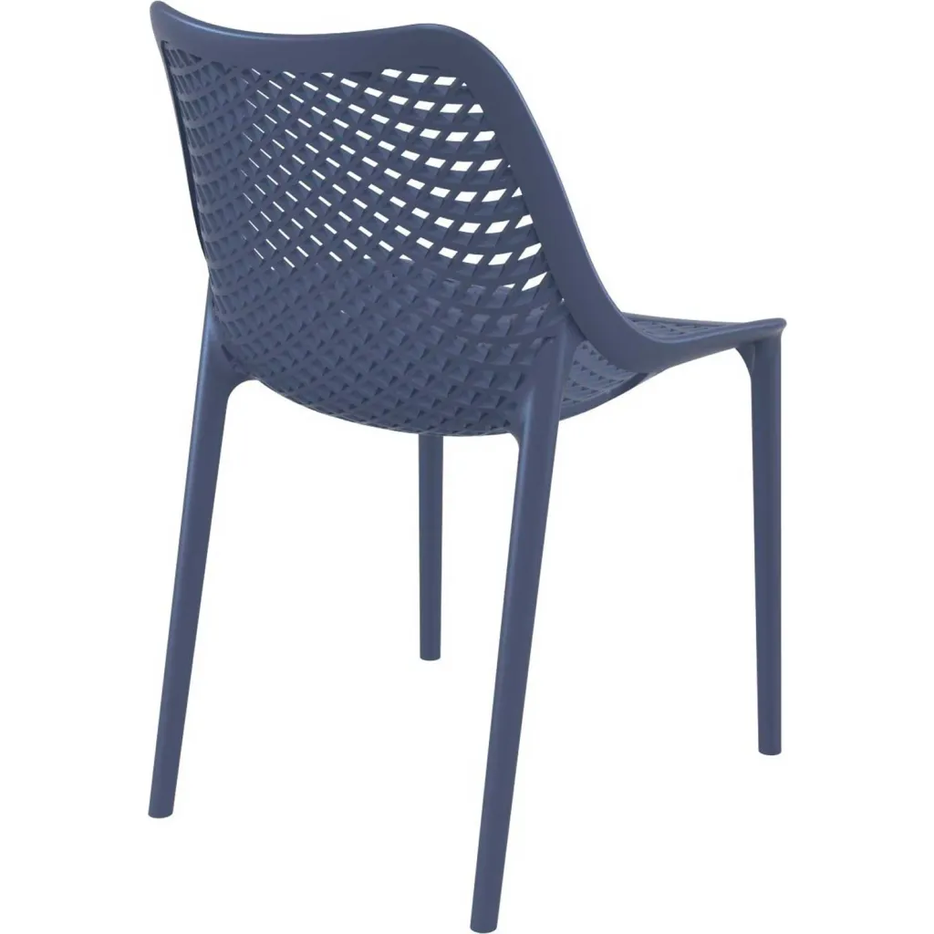 Blue plastic chair with lattice back and seat from rear angle