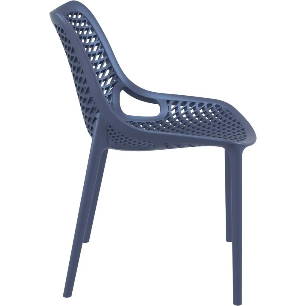 Side view of blue plastic chair with lattice back and seat