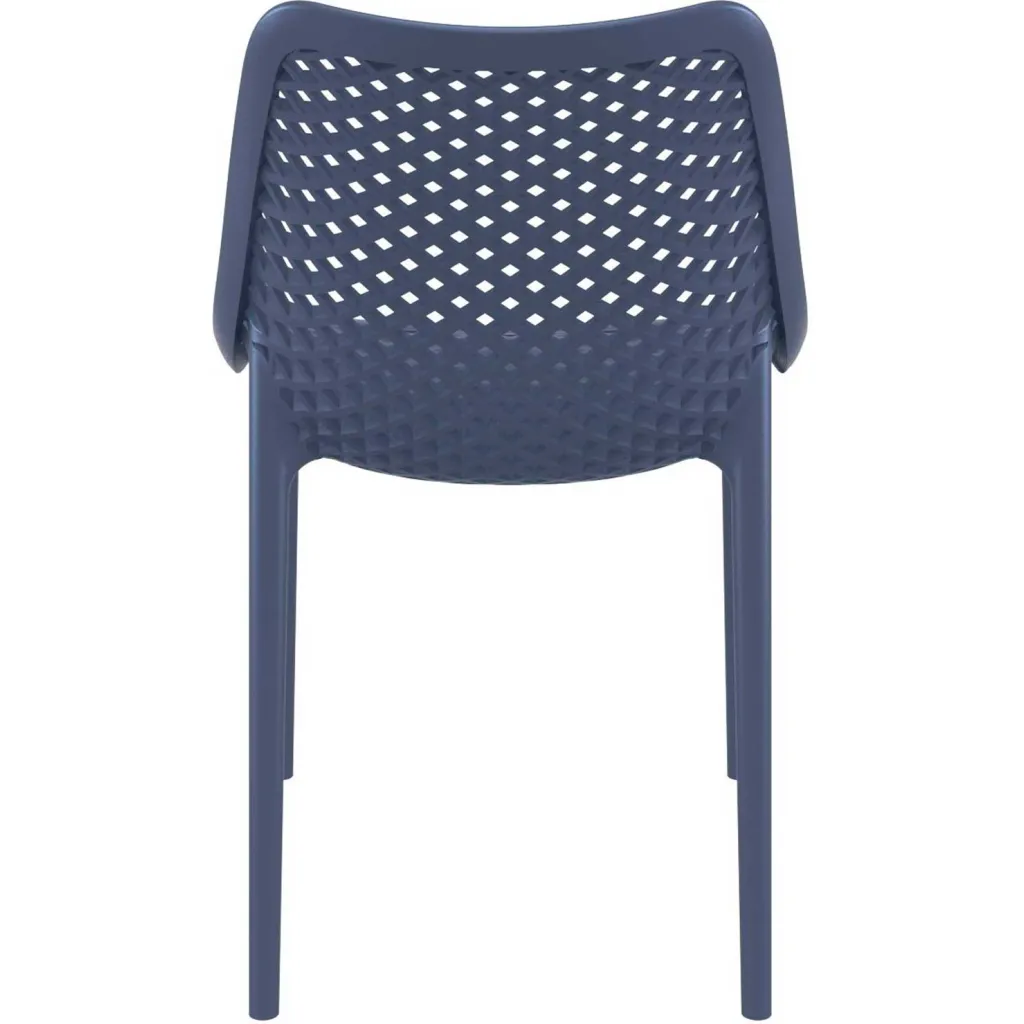 Rear view of blue plastic chair with lattice back