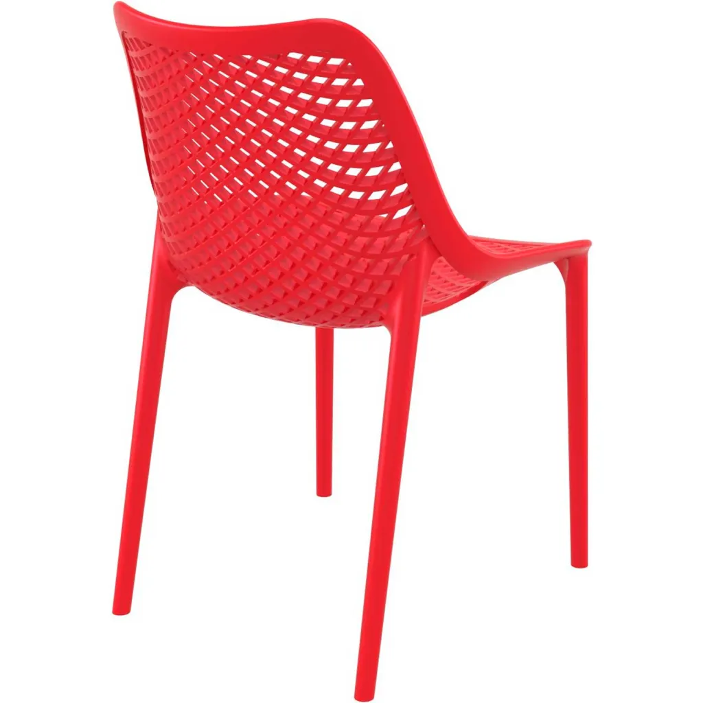 Red plastic chair with lattice back and seat from rear angle