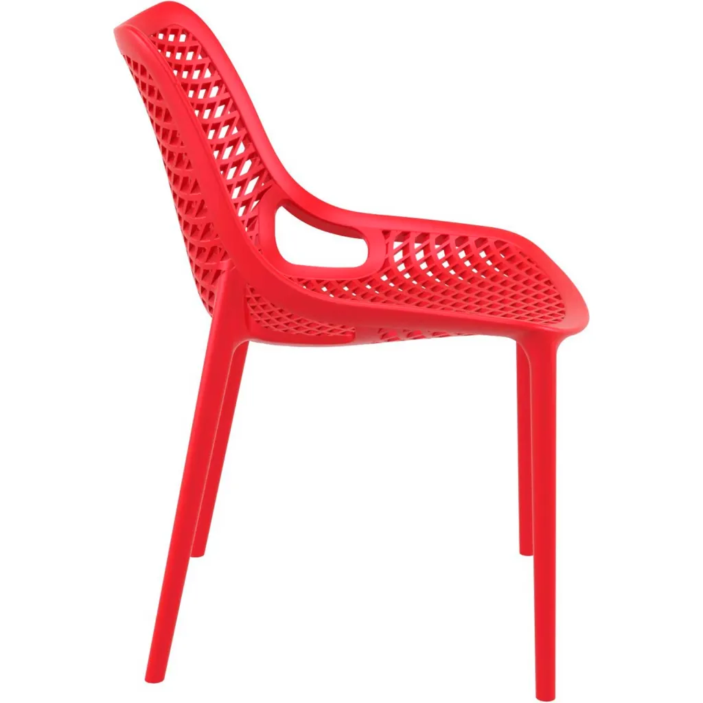 Red plastic chair with lattice back and seat from side angle