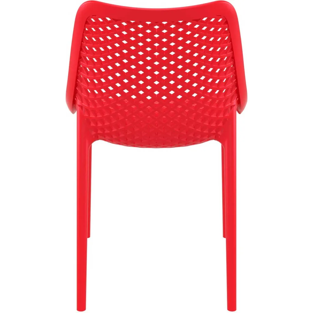 Red plastic chair with lattice back from rear