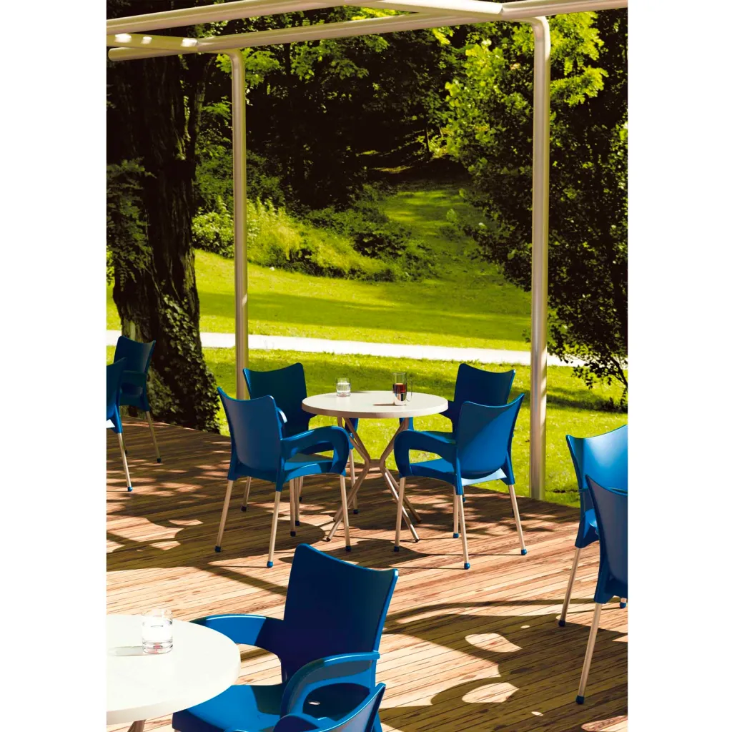 Multiple blue chairs on patio