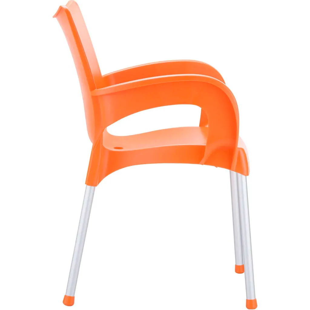 Orange chair with silver legs from side