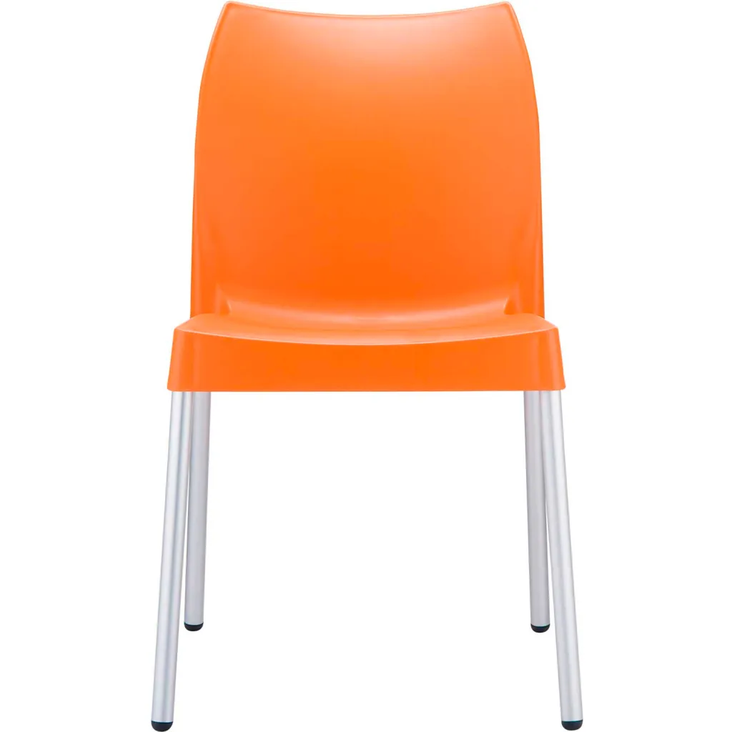 Orange chair with silver legs from the back