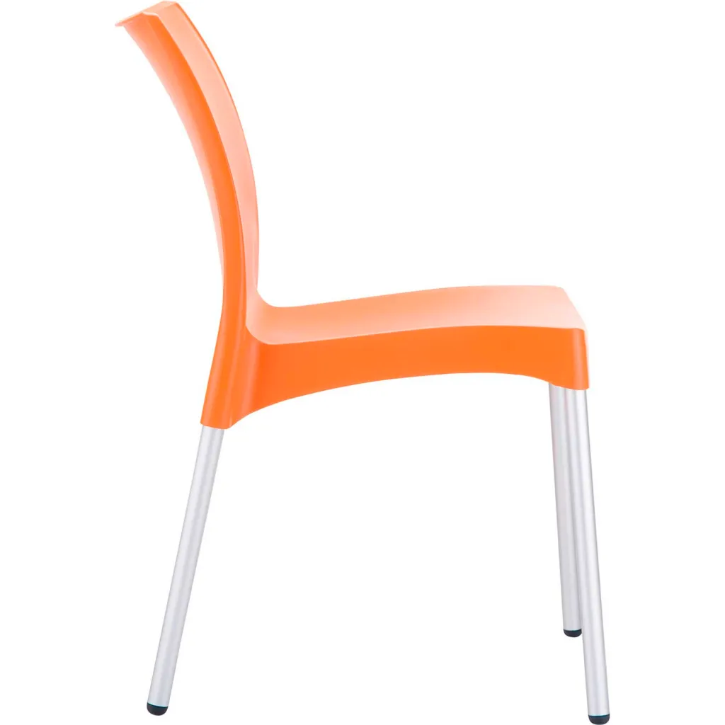 Orange chair with silver legs from the side