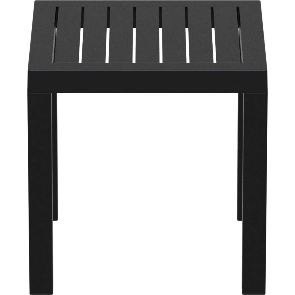 Black outdoor side table with slatted top from different angle