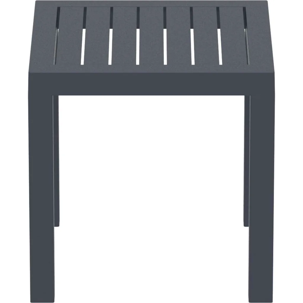 Gray outdoor table with slatted top from different angle