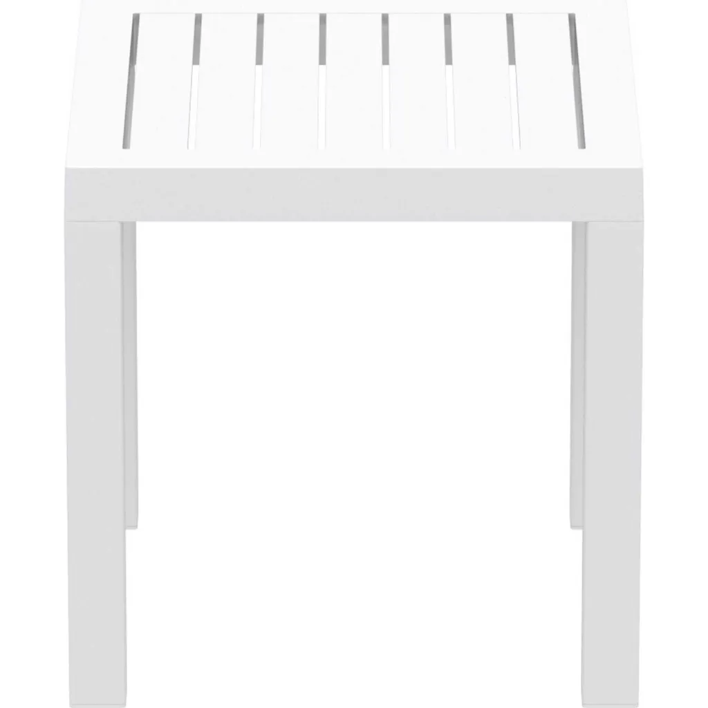 Close-up of white outdoor table with slatted top