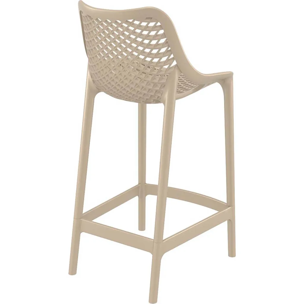 Tan plastic bar stool from rear angle