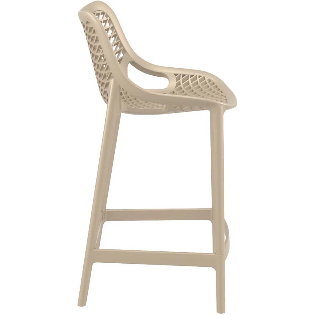 Tan plastic bar stool from side angle