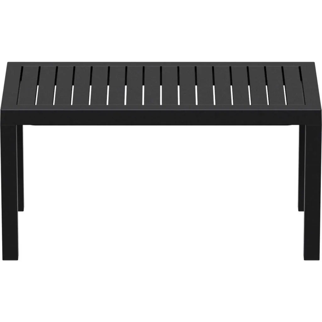 Black outdoor bench with slatted top from front