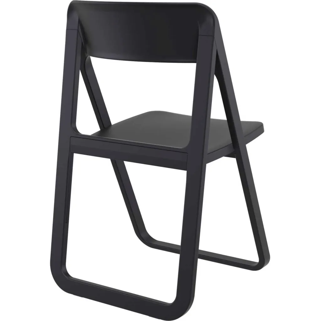 Black folding chair with curved back and seat