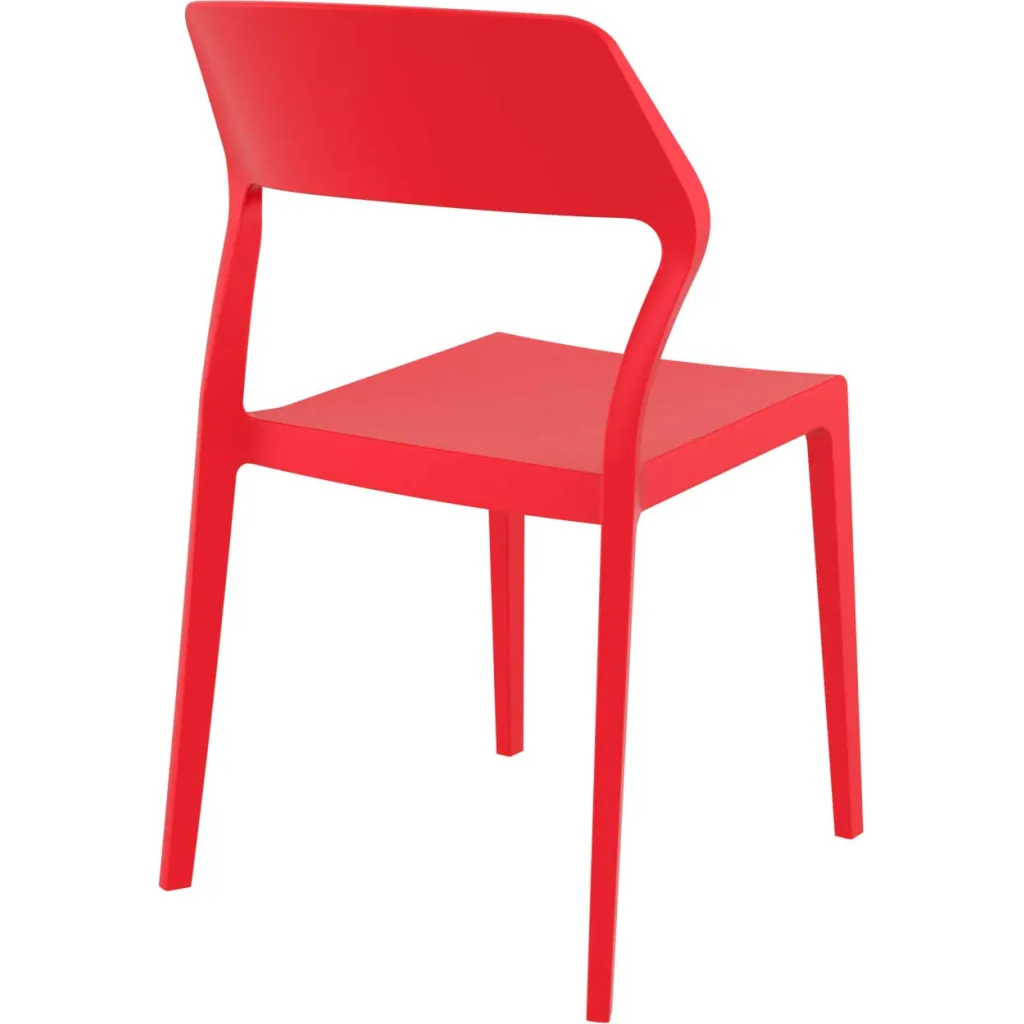Red plastic chair with back and armrest from front right