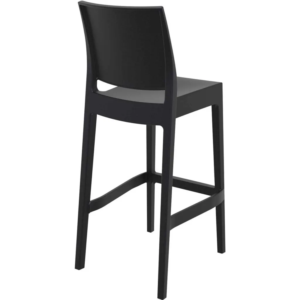 Black bar stool with backrest and footrest, angled rear view