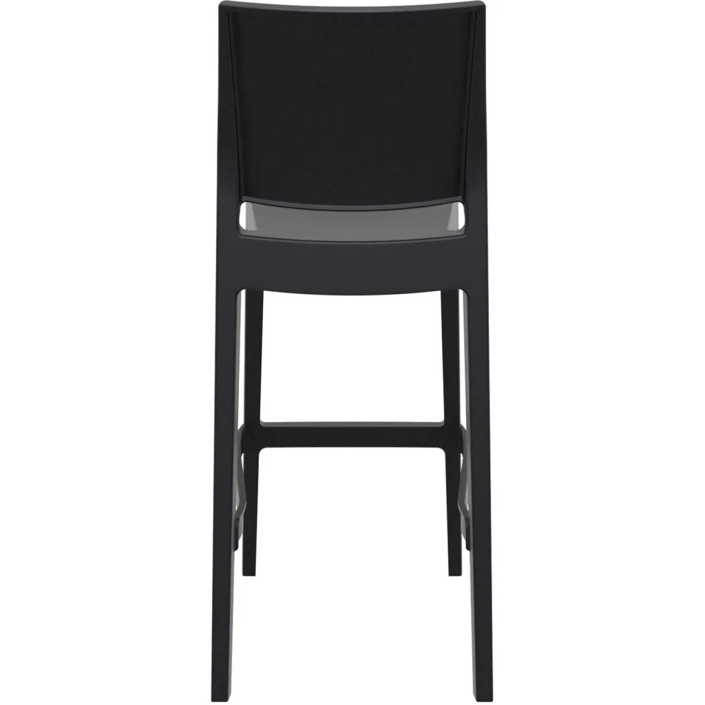 Black bar stool with backrest and footrest, rear view