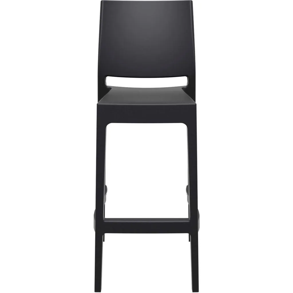 Black bar stool with backrest and footrest, front view