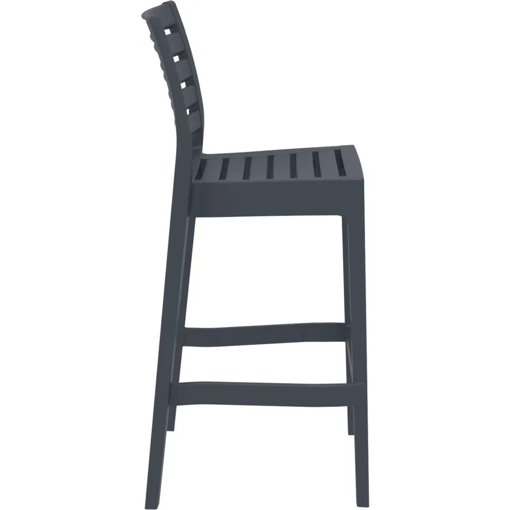 Gray plastic bar stool with slatted back and seat