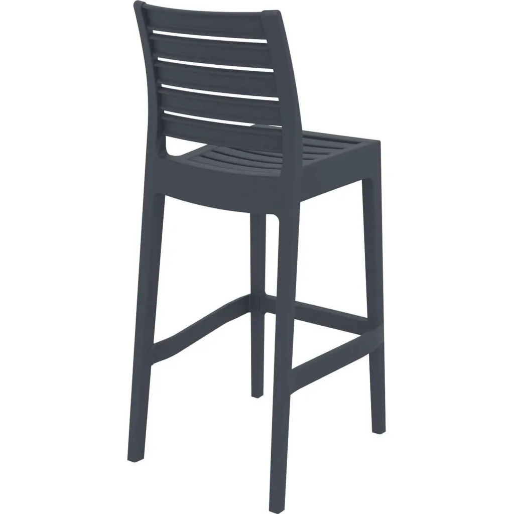 Gray plastic bar stool with slatted back and seat
