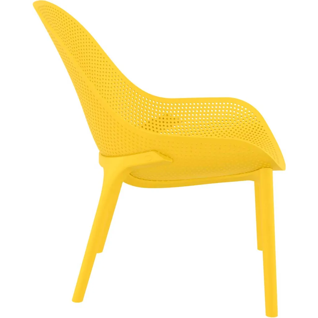 Yellow chair with perforated seat and backrest from side view