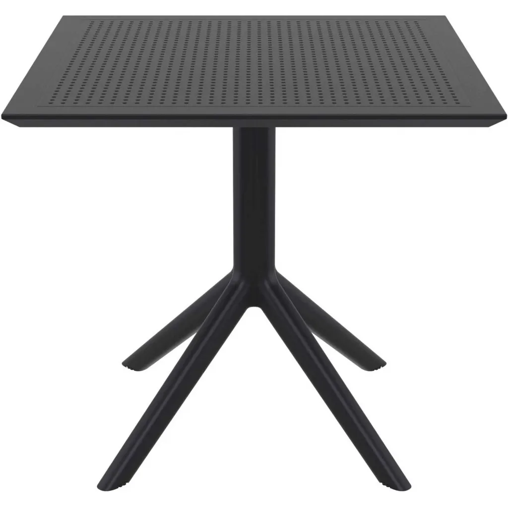 Black square table with perforated top and three-legged base