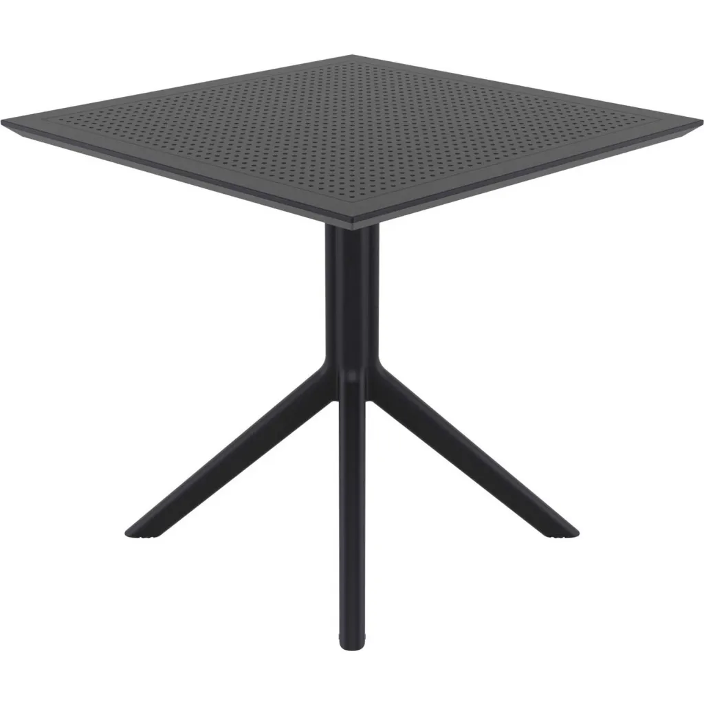 Black square table with perforated top and three-legged base