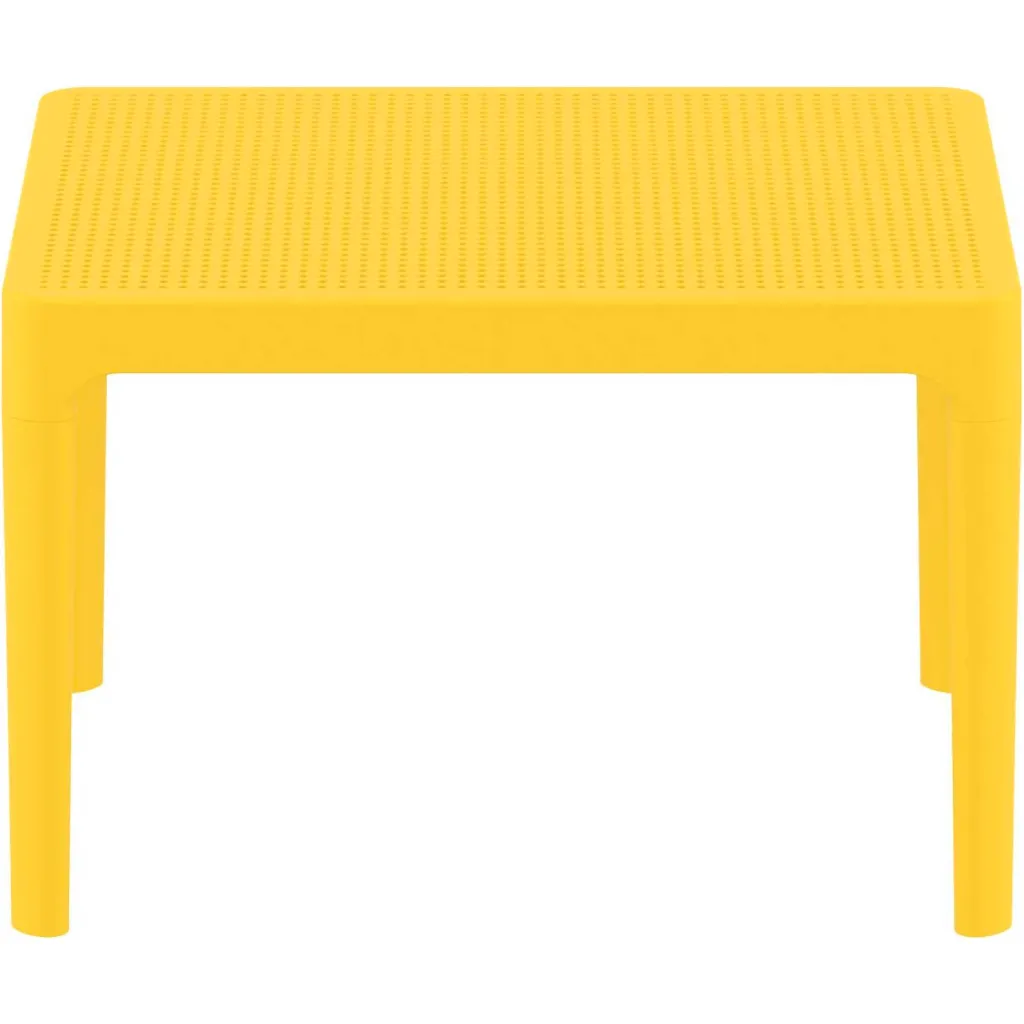 Yellow plastic table with perforated top and four legs