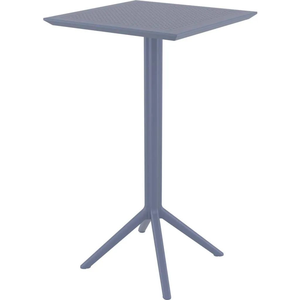 A square perforated tabletop or serving surface on a single pedestal base with a four-legged stand.