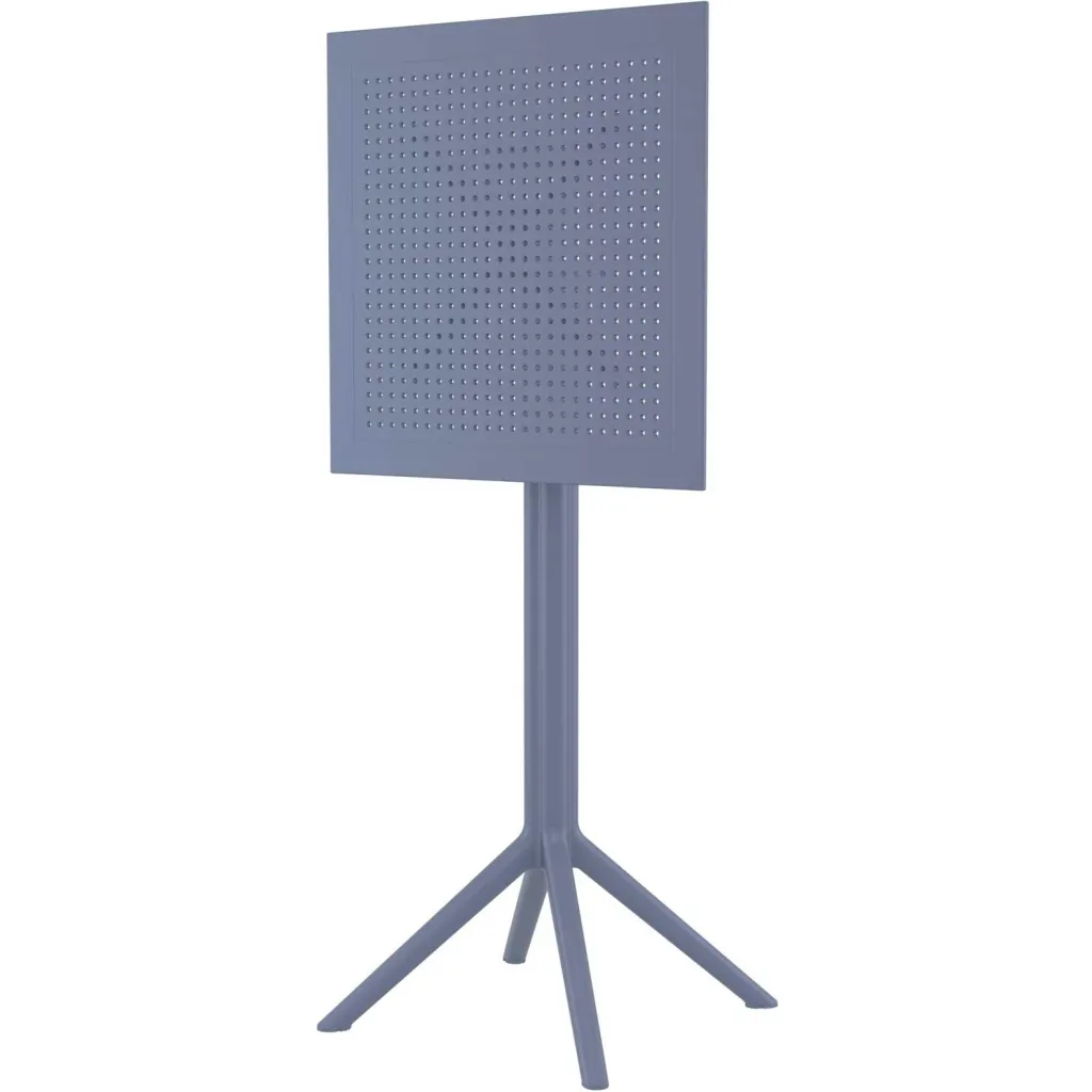 A blue-gray perforated square notice panel on a pedestal stand with tripod legs, likely a kiosk or display panel.