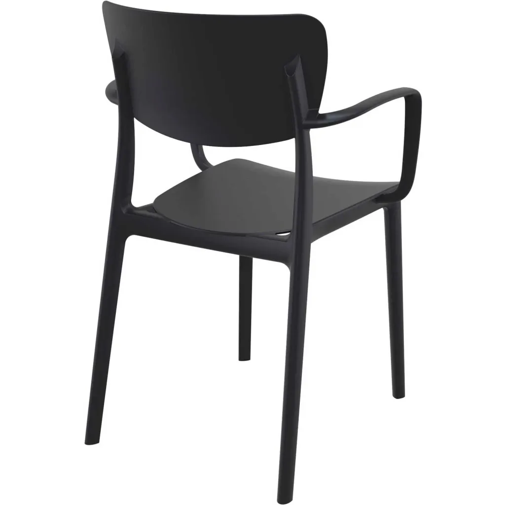 Black chair with armrests and four legs, viewed from the back