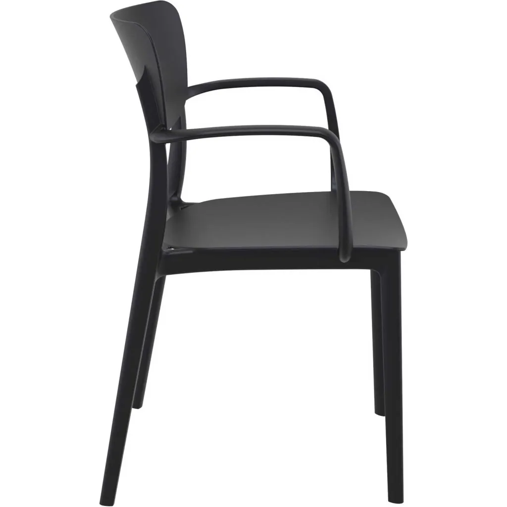 Black chair with armrests and four legs, viewed from the side