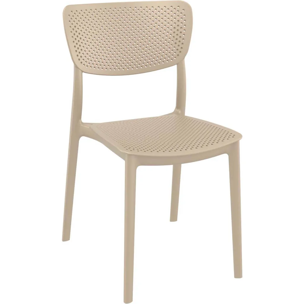 Beige perforated chair shown from front, lightweight plastic seating