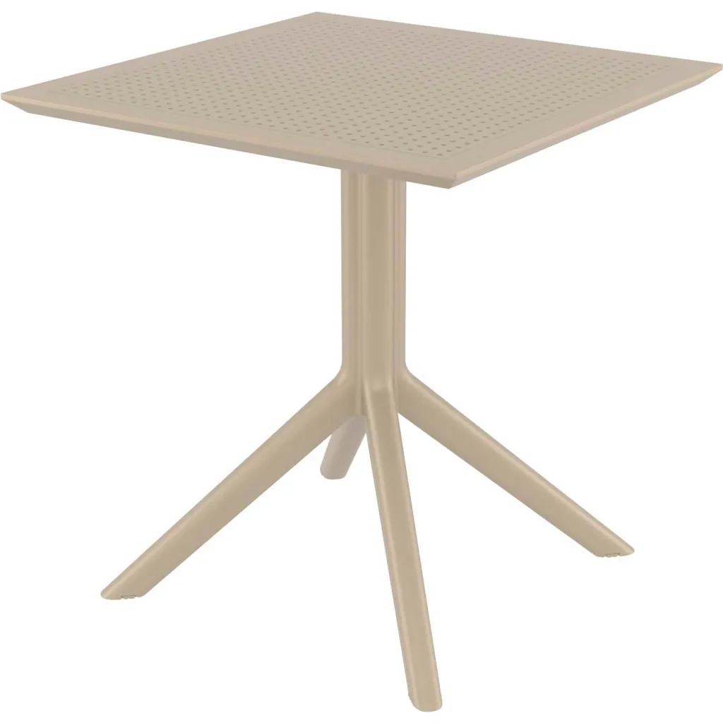 Beige square perforated tabletop with three-legged pedestal base