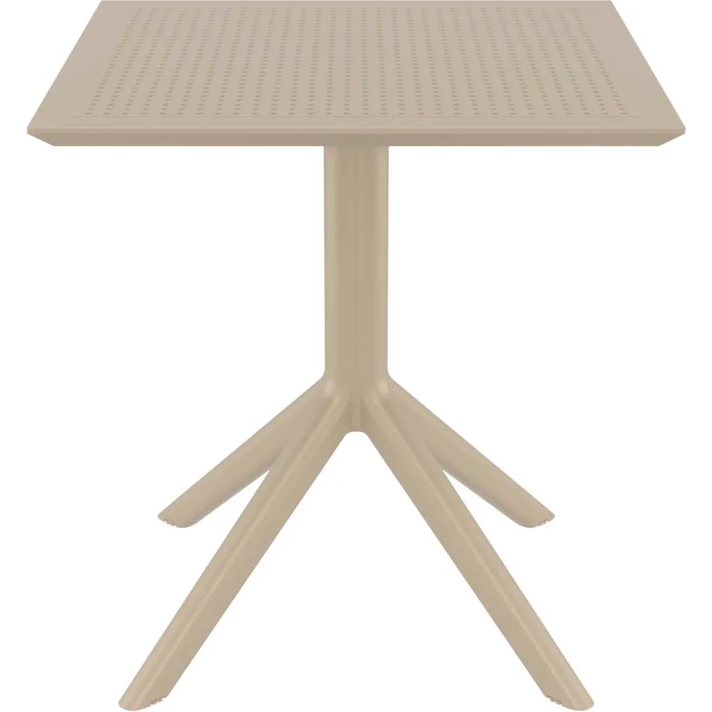 Beige square perforated tabletop with four-legged base seen from below