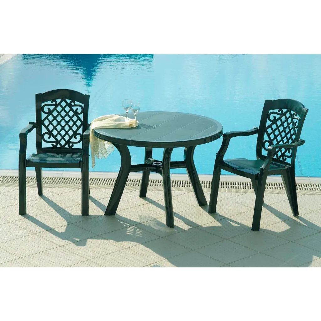 Black plastic outdoor table and chairs by pool