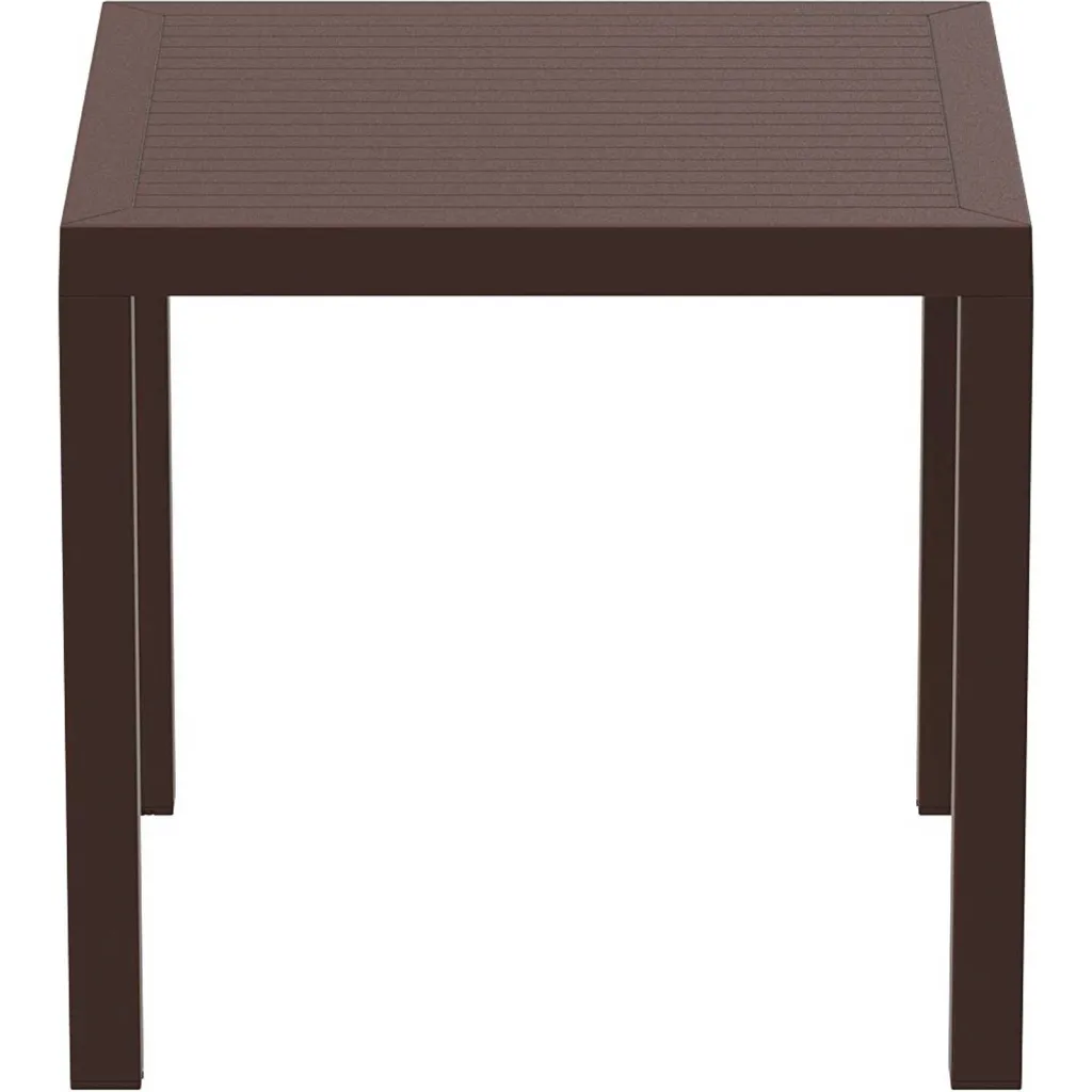 Brown outdoor table with slatted top from front