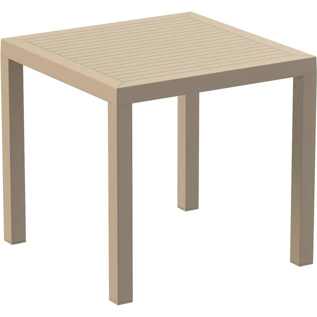 Beige outdoor table with slatted top and four legs