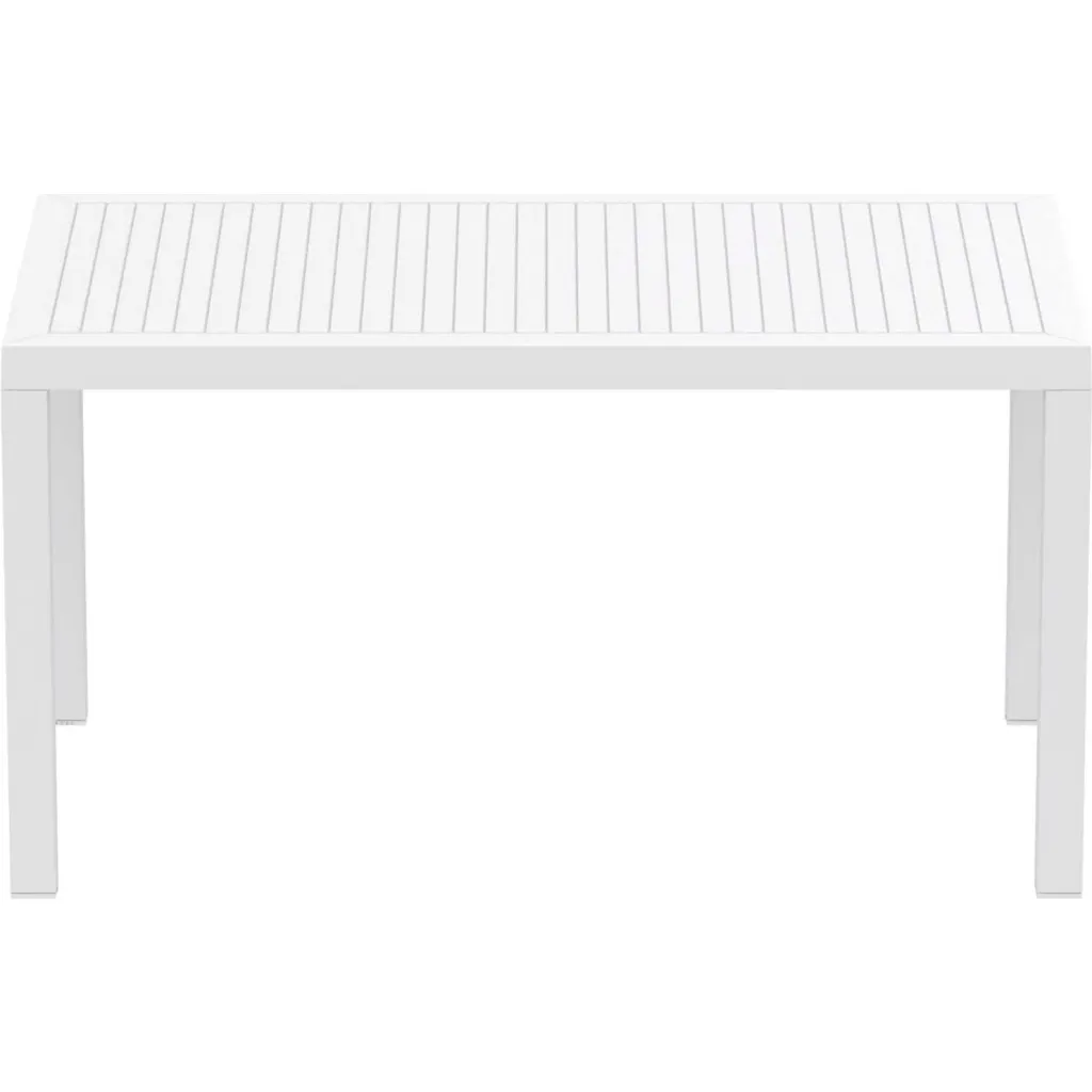 White outdoor table with slatted top from front view
