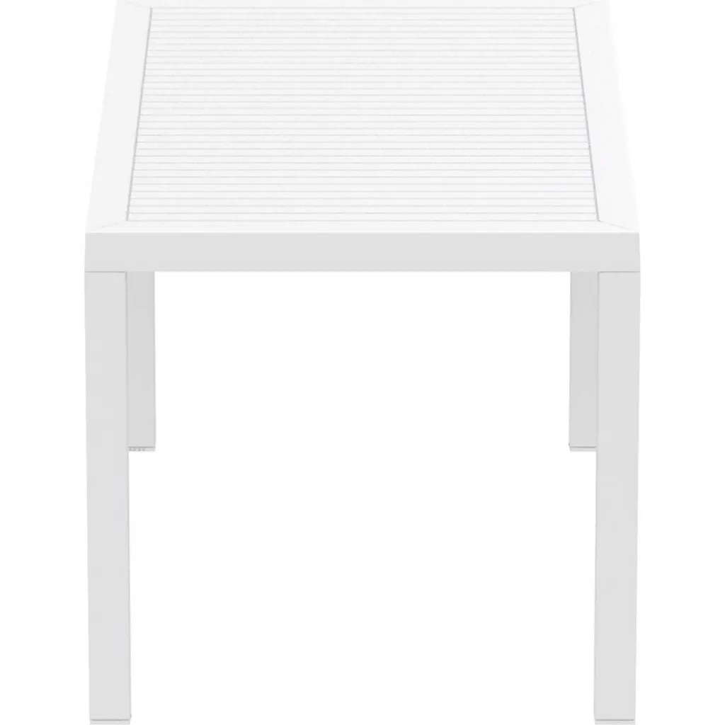 White outdoor table with slatted top from side view