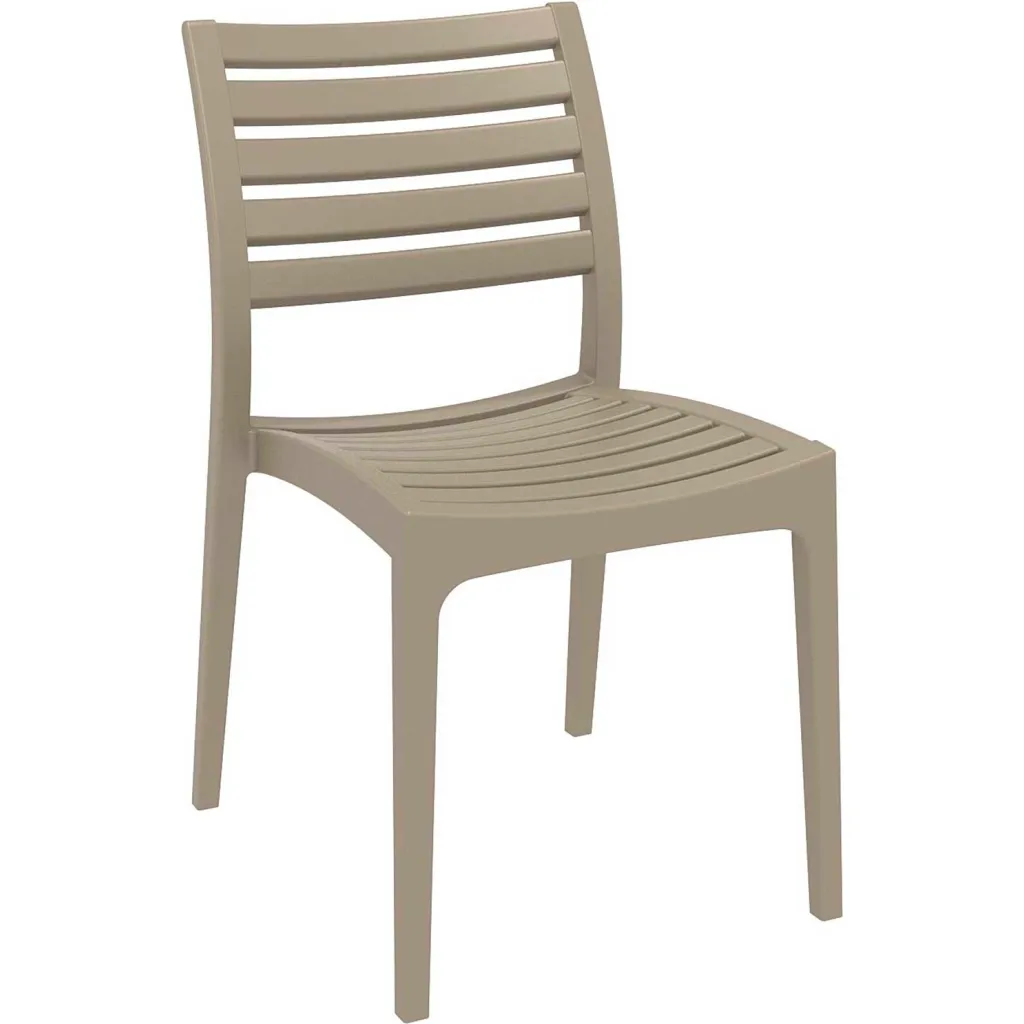 Beige outdoor chair with slatted back and seat