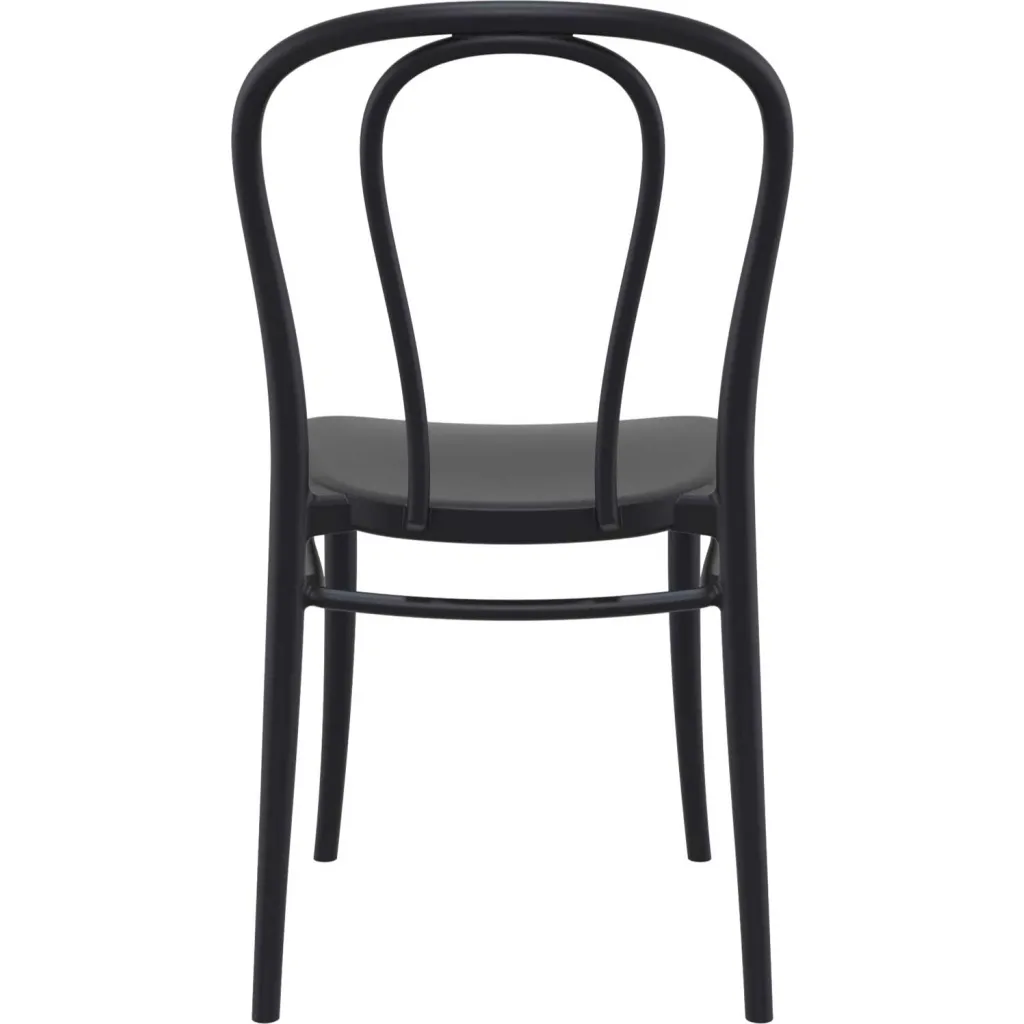 Black chair with curved back and four legs, rear view