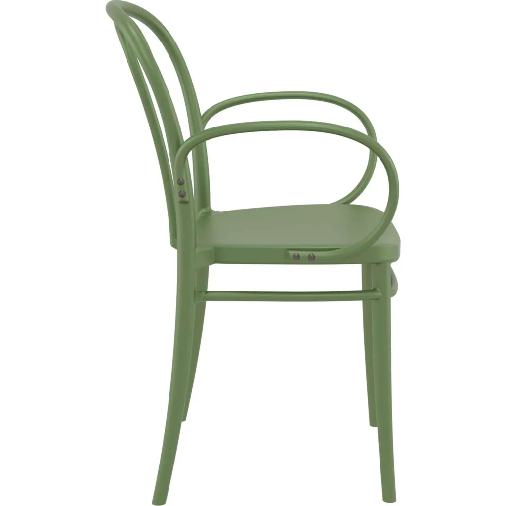Green metal chair with curved back and armrests