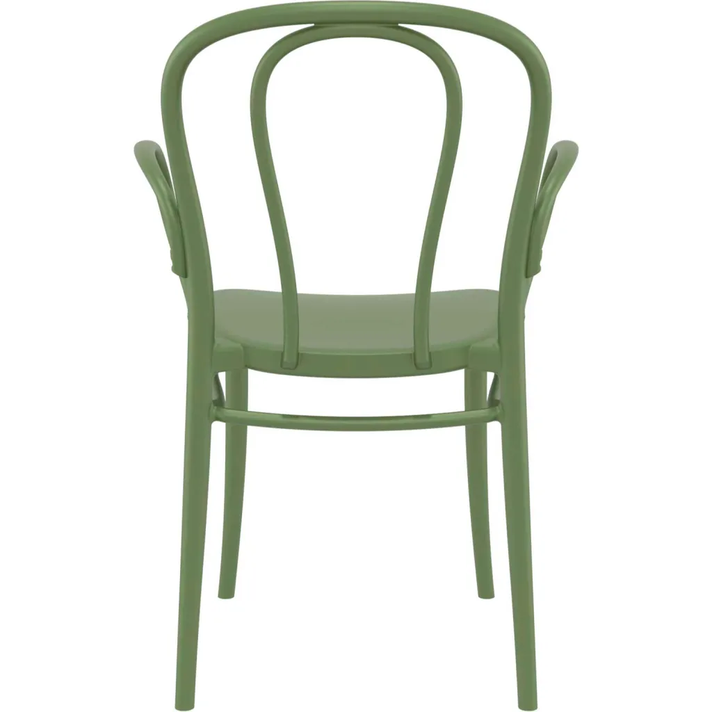 Green metal chair with curved back and armrests