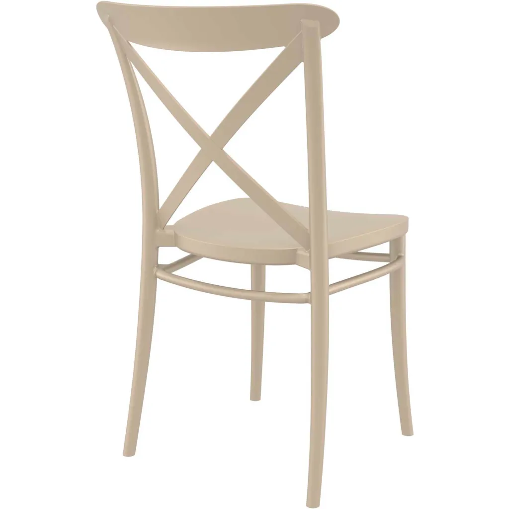 Beige chair with X-shaped back and round seat from side