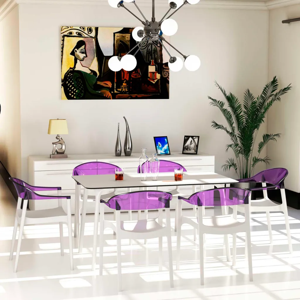 Dining room with white table and purple chairs